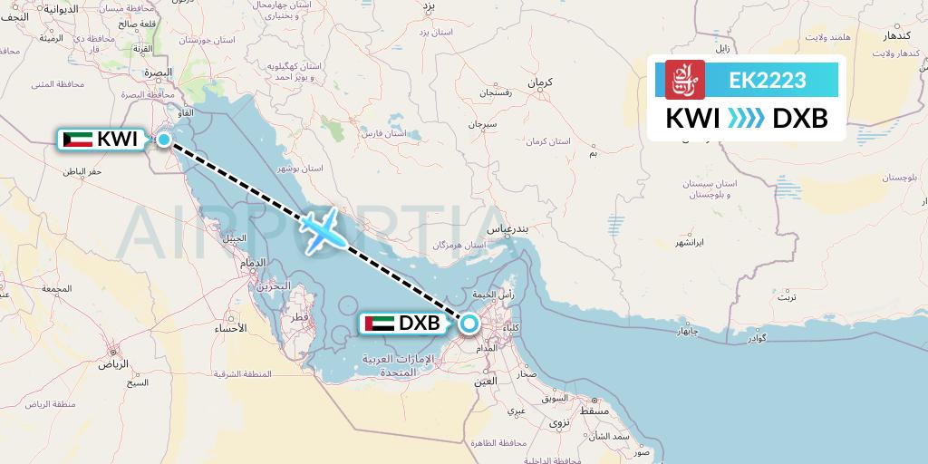 EK2223 Emirates Flight Map: Kuwait City to Dubai