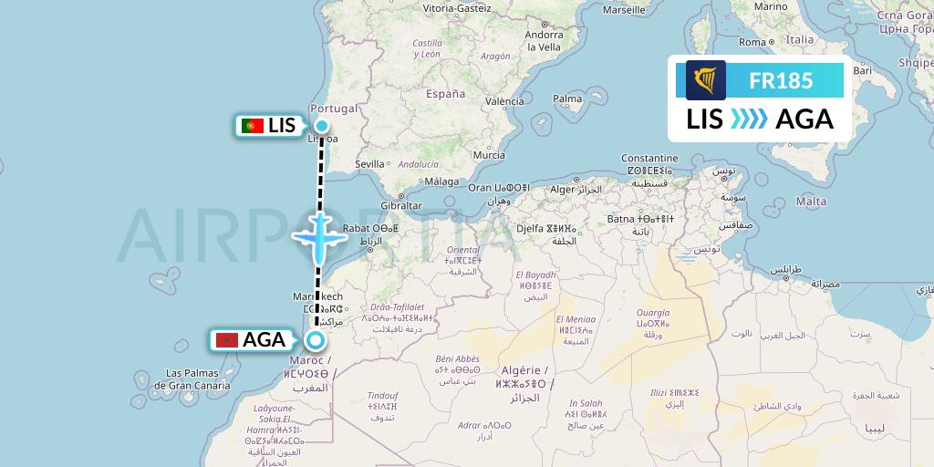 FR185 Ryanair Flight Map: Lisbon to Agadir
