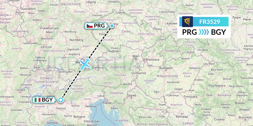 FR3529 Ryanair Flight Map: Prague to Milan
