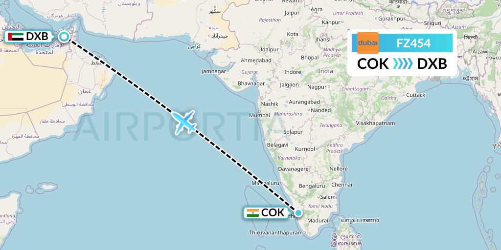 FZ454 FlyDubai Flight Map: Cochin to Dubai
