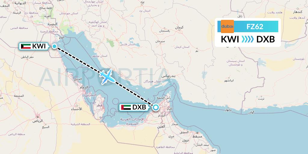 FZ62 FlyDubai Flight Map: Kuwait City to Dubai