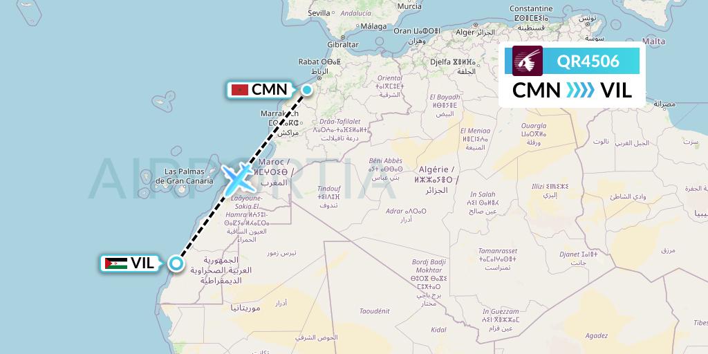 QR4506 Qatar Airways Flight Map: Casablanca to Dakhla