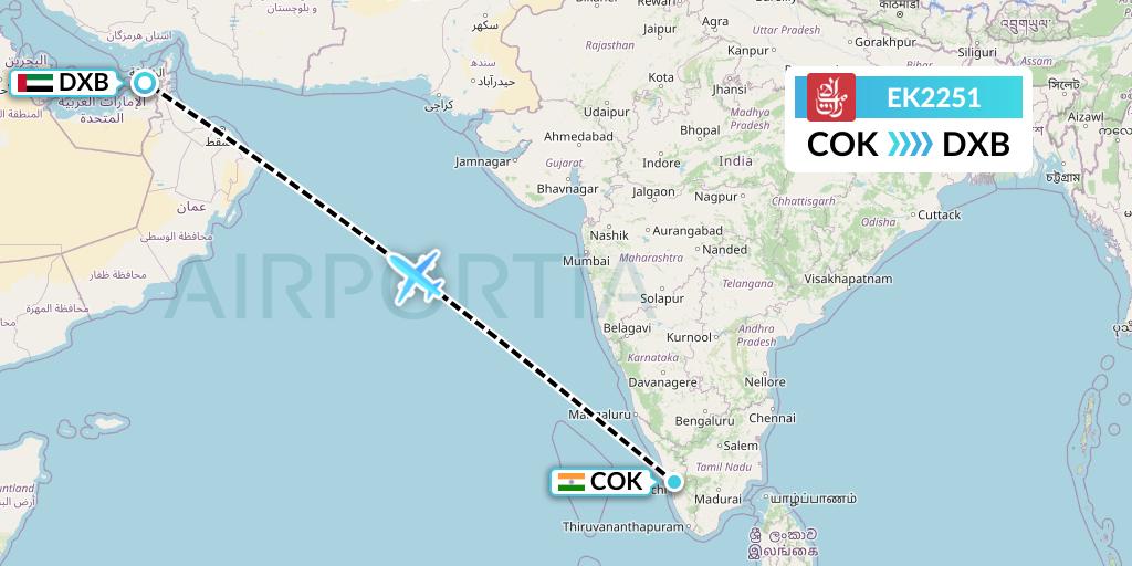 EK2251 Emirates Flight Map: Cochin to Dubai