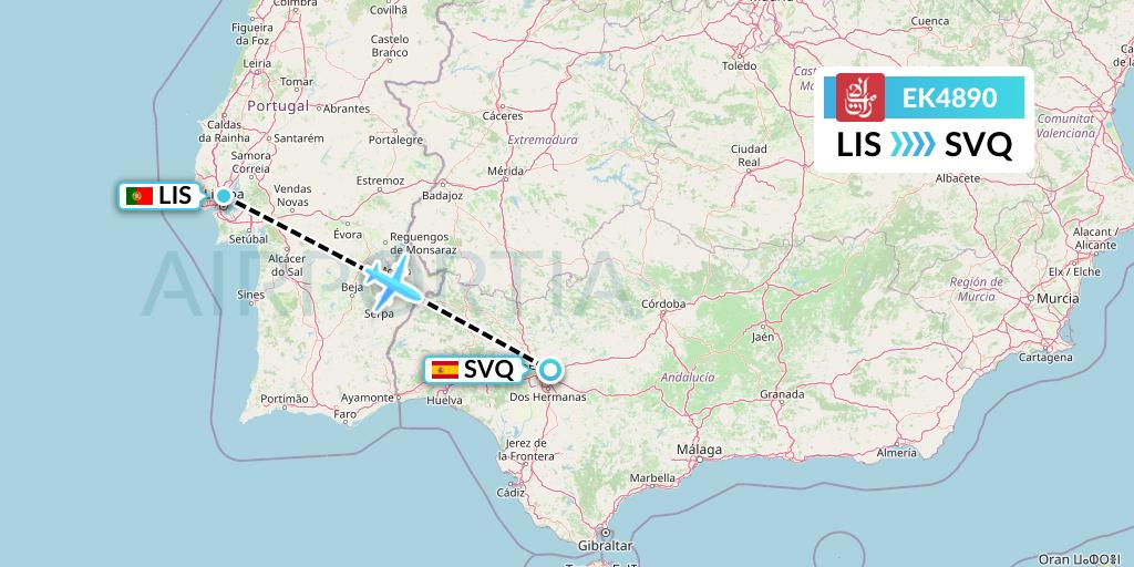 EK4890 Emirates Flight Map: Lisbon to Seville