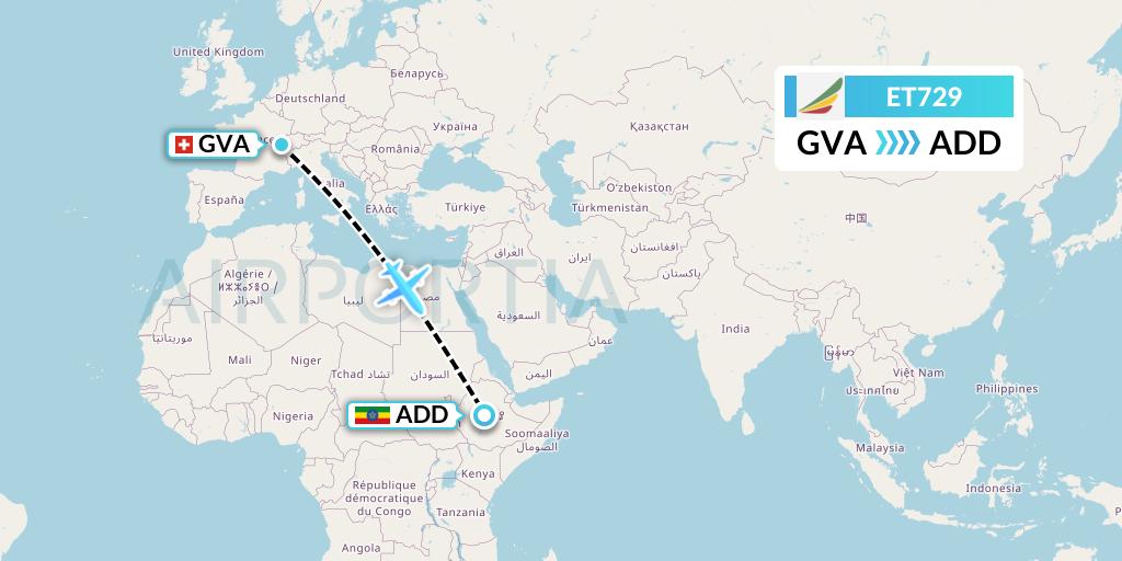 ET729 Ethiopian Airlines Flight Map: Geneva to Addis Ababa