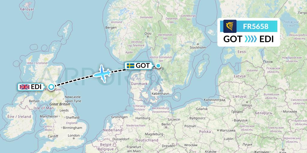 FR5658 Ryanair Flight Map: Gothenburg to Edinburgh
