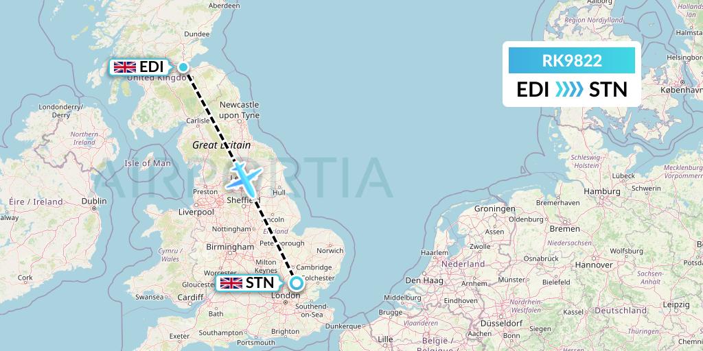 RK9822 Ryanair UK Flight Map: Edinburgh to London