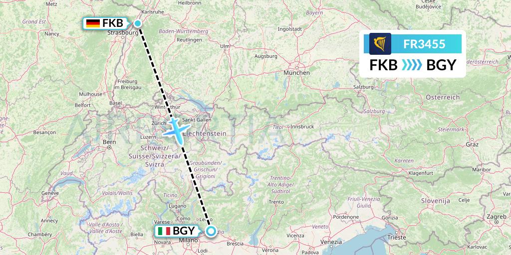 FR3455 Ryanair Flight Map: Karlsruhe/Baden-Baden to Milan