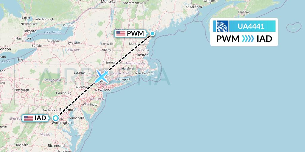 UA4441 United Airlines Flight Map: Portland to Washington