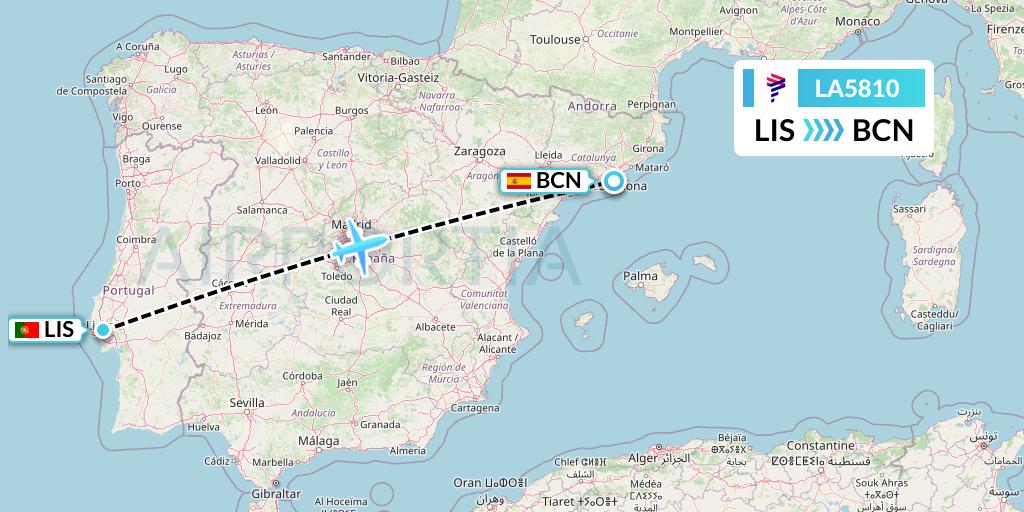 LA5810 LATAM Airlines Flight Map: Lisbon to Barcelona