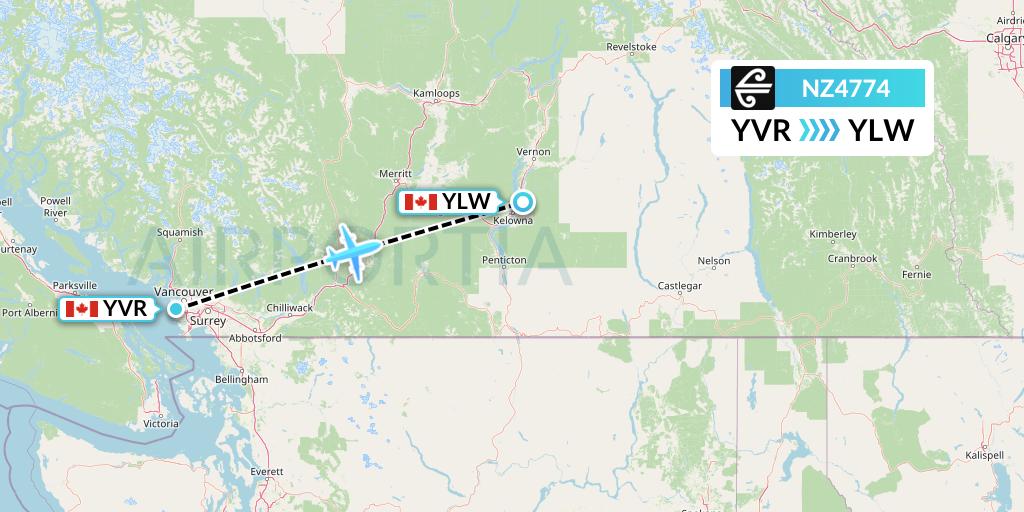 NZ4774 Air New Zealand Flight Map: Vancouver to Kelowna