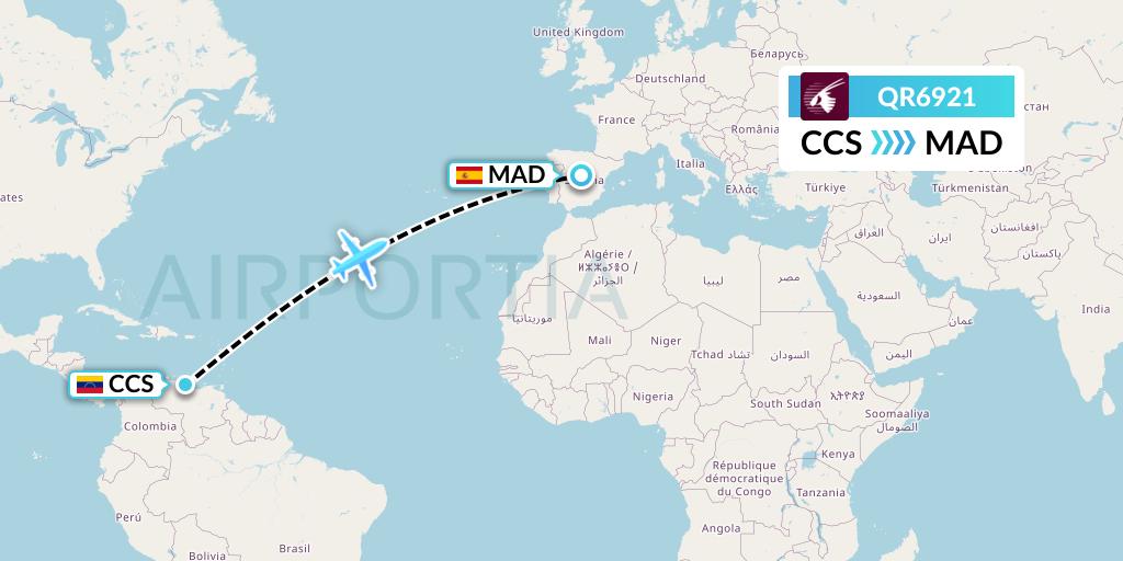 QR6921 Qatar Airways Flight Map: Caracas to Madrid