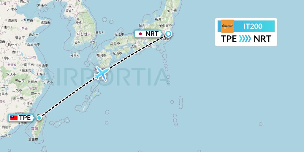 IT200 Tigerair Taiwan Flight Map: Taipei to Tokyo