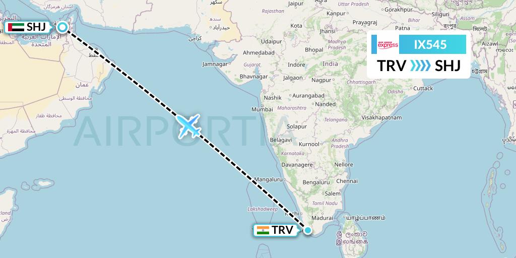 IX545 Air India Express Flight Map: Thiruvananthapuram to Sharjah