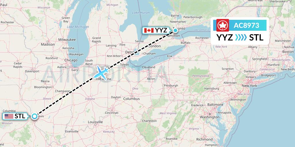 AC8973 Air Canada Flight Map: Toronto to St. Louis