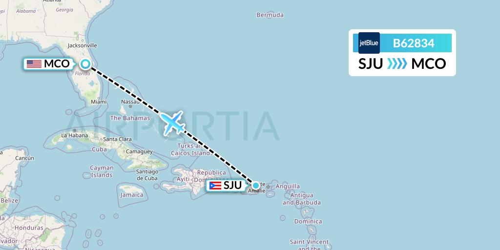 B62834 JetBlue Airways Flight Map: San Juan to Orlando
