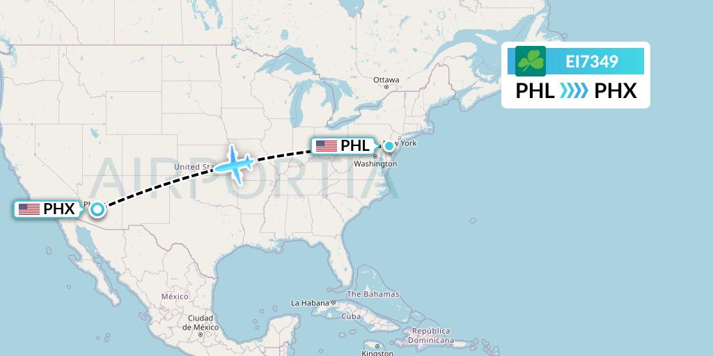 EI7349 Aer Lingus Flight Map: Philadelphia to Phoenix