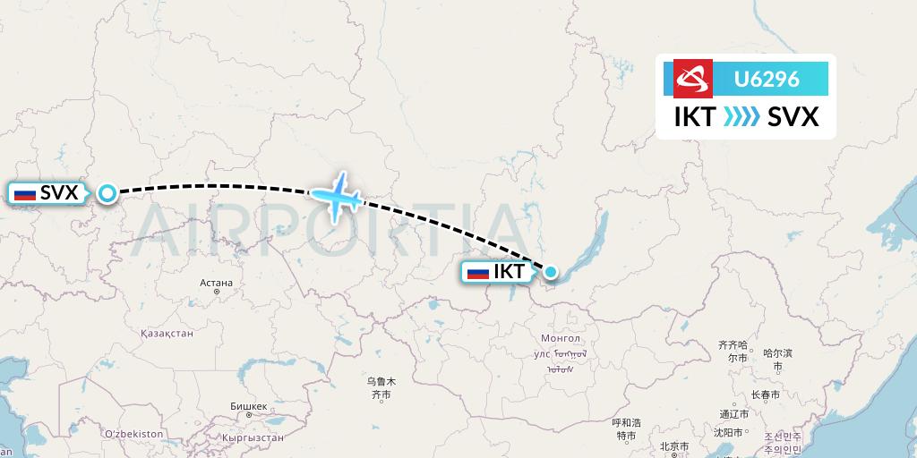 U6296 Ural Airlines Flight Map: Irkutsk to Yekaterinburg