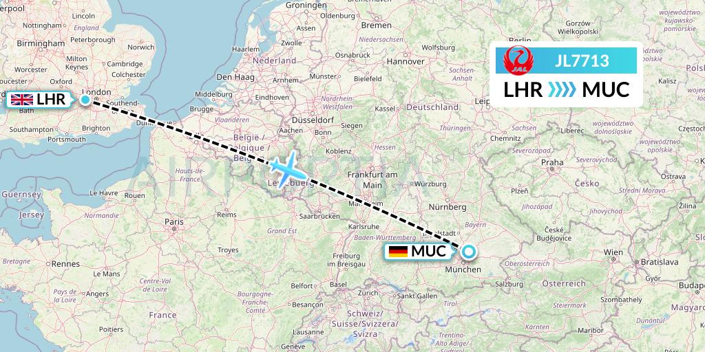 JL7713 Japan Airlines Flight Map: London to Munich