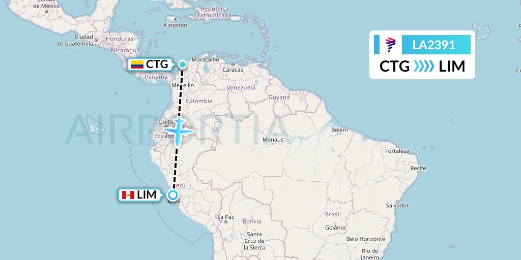 LA2391 LAN Airlines Flight Map: Cartagena to Lima
