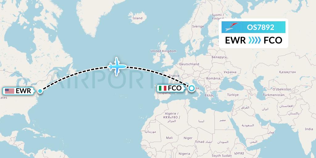 OS7892 Austrian Airlines Flight Map: New York to Rome