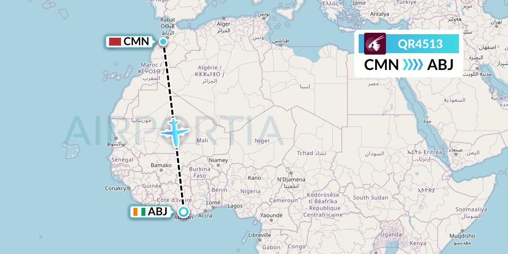 QR4513 Qatar Airways Flight Map: Casablanca to Abidjan