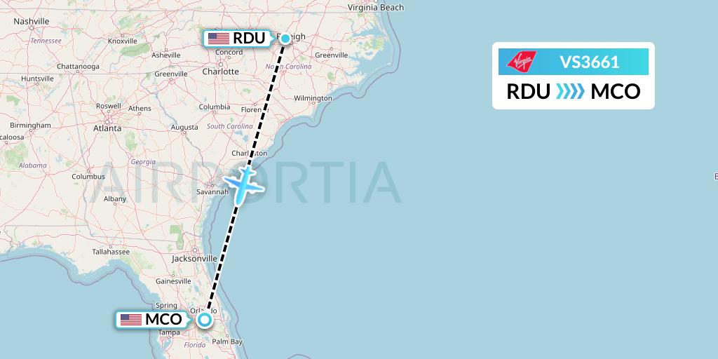 VS3661 Virgin Atlantic Airways Flight Map: Raleigh-Durham to Orlando