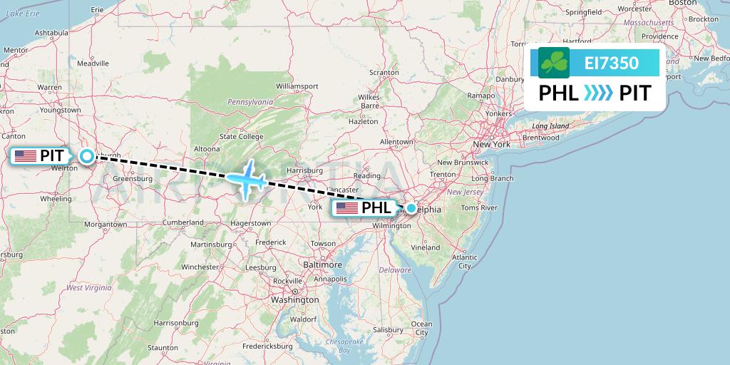 EI7350 Aer Lingus Flight Map: Philadelphia to Pittsburgh
