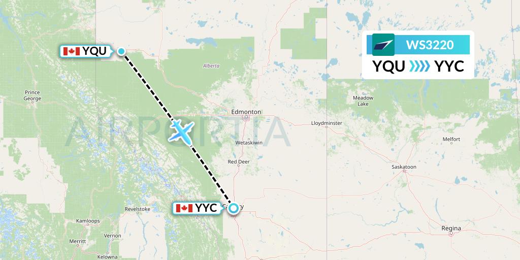 WS3220 WestJet Flight Map: Grande Prairie to Calgary