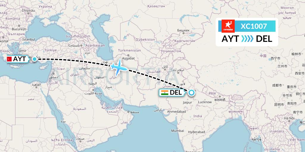 XC1007 Corendon Airlines Flight Map: Antalya to Delhi