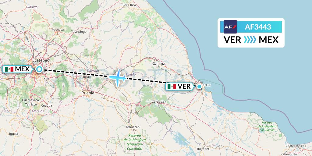 AF3443 Air France Flight Map: Veracruz to Mexico City