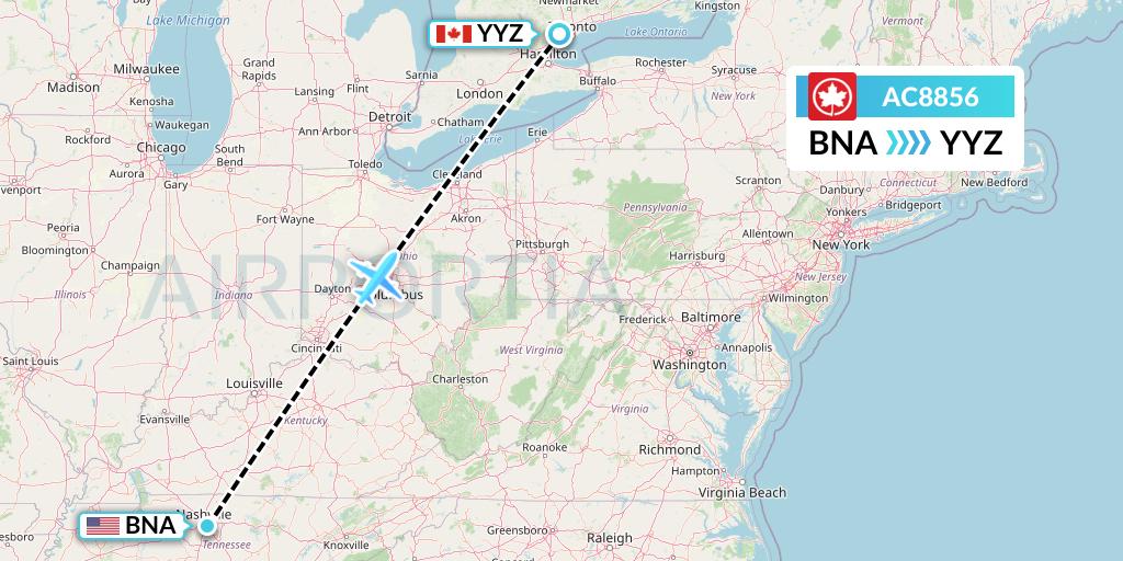 AC8856 Air Canada Flight Map: Nashville to Toronto