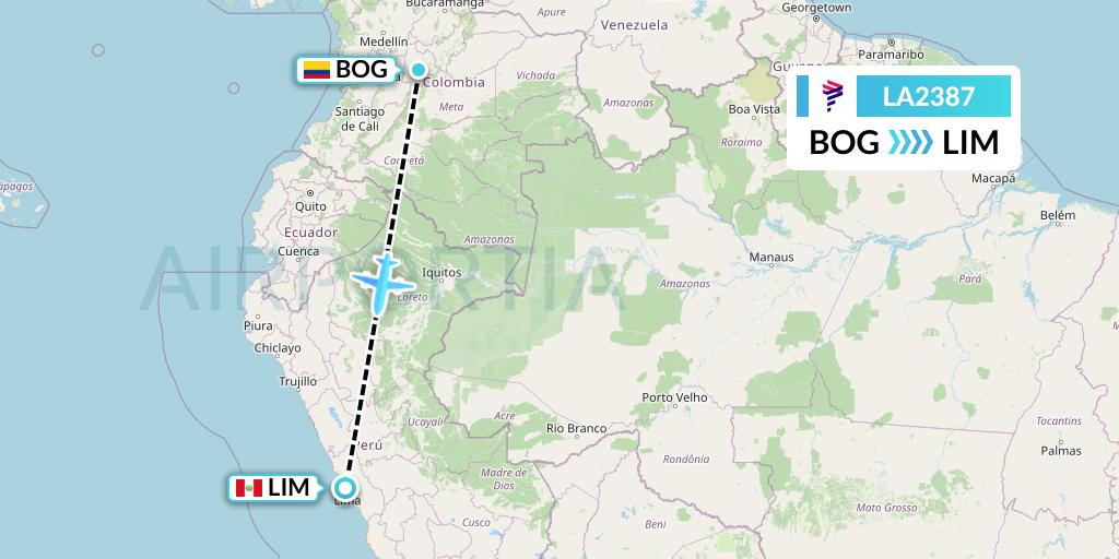 LA2387 LAN Airlines Flight Map: Bogota to Lima