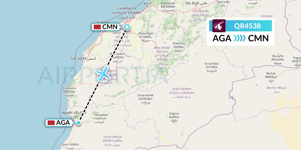 QR4538 Qatar Airways Flight Map: Agadir to Casablanca