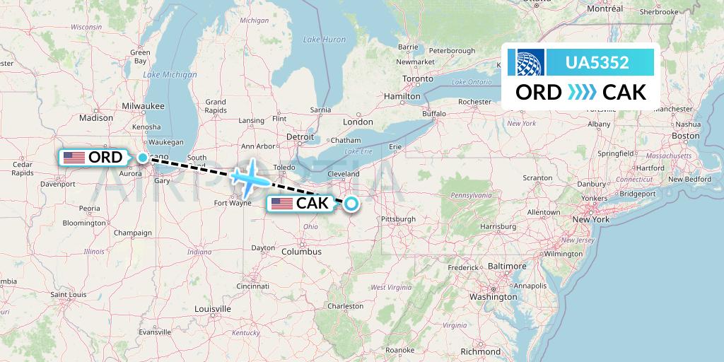 UA5352 United Airlines Flight Map: Chicago to Akron