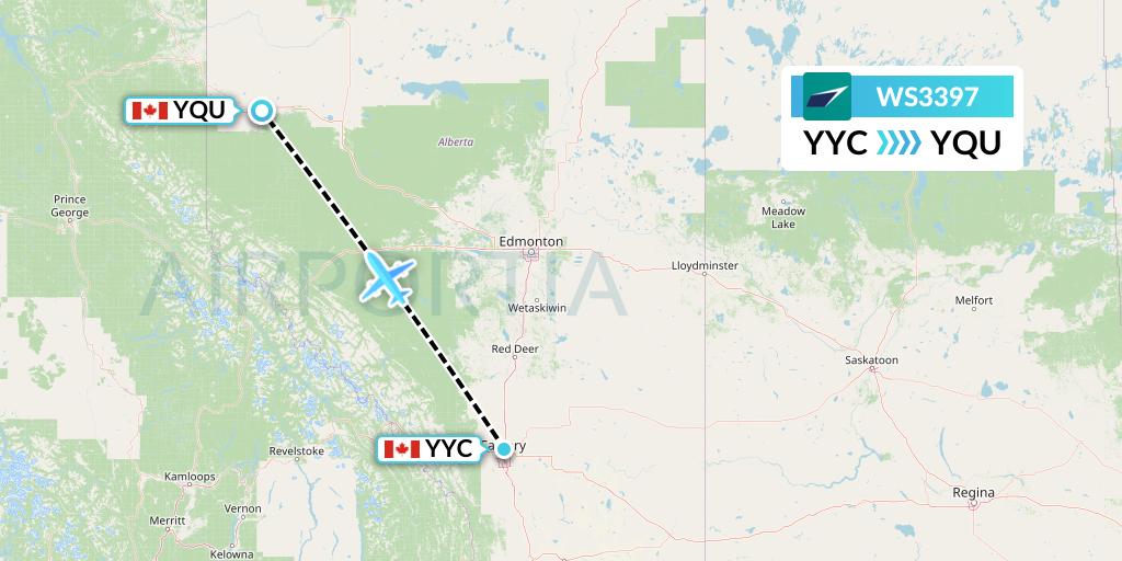 WS3397 WestJet Flight Map: Calgary to Grande Prairie