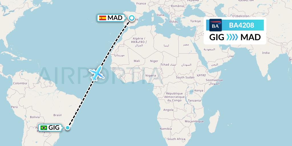 BA4208 British Airways Flight Map: Rio de Janeiro to Madrid