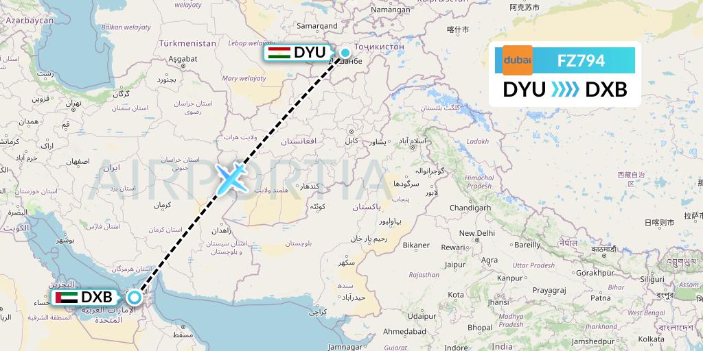 FZ794 FlyDubai Flight Map: Dushanbe to Dubai