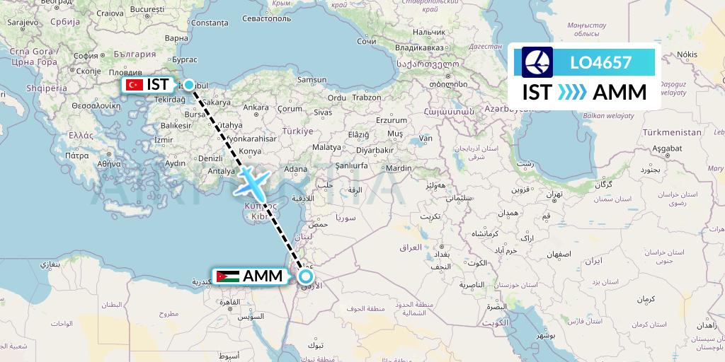 LO4657 LOT Flight Map: Istanbul to Amman