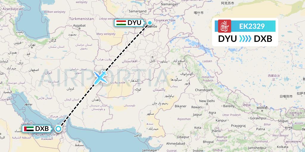 EK2329 Emirates Flight Map: Dushanbe to Dubai