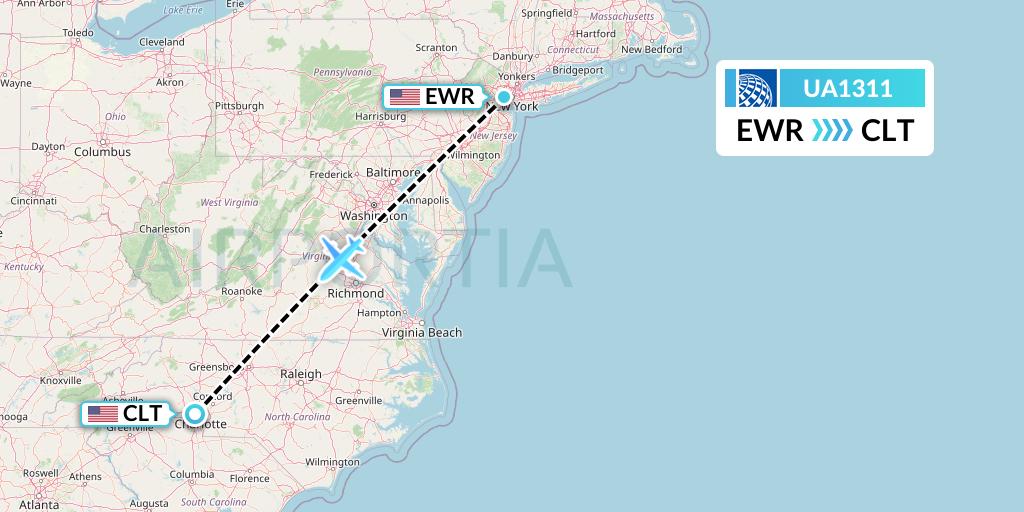 UA1311 United Airlines Flight Map: New York to Charlotte