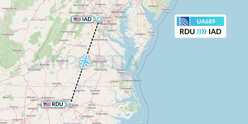 UA689 United Airlines Flight Map: Raleigh-Durham to Washington