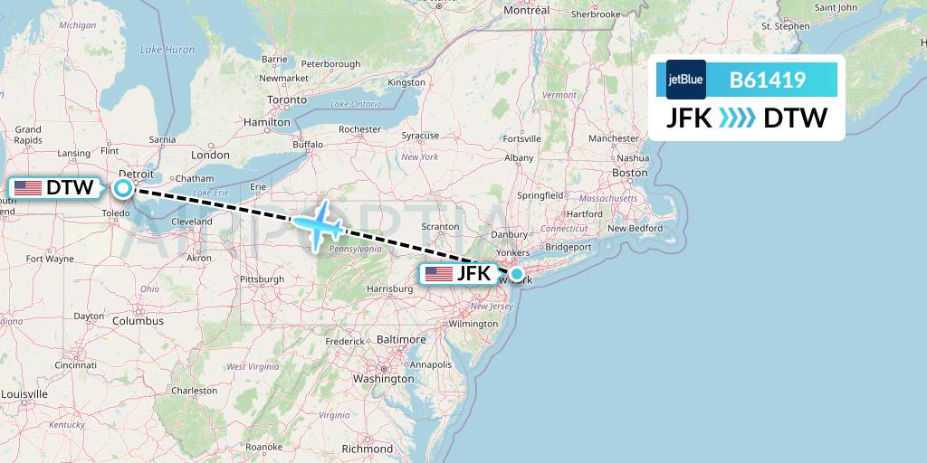 B61419 JetBlue Airways Flight Map: New York to Detroit
