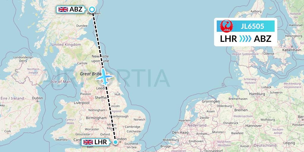 JL6505 Japan Airlines Flight Map: London to Aberdeen