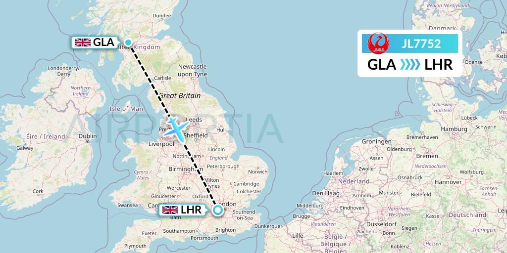 JL7752 Japan Airlines Flight Map: Glasgow to London