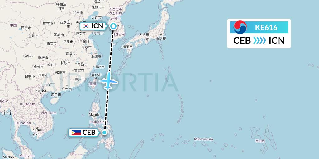KE616 Korean Air Flight Map: Cebu to Seoul