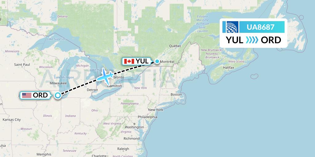 UA8687 United Airlines Flight Map: Montreal to Chicago