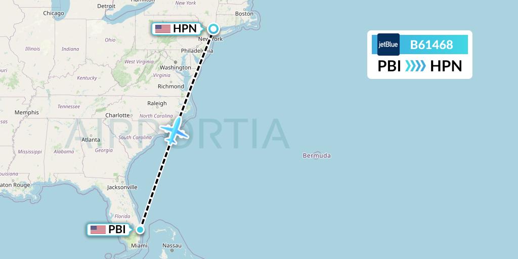 B61468 JetBlue Airways Flight Map: West Palm Beach to White Plains