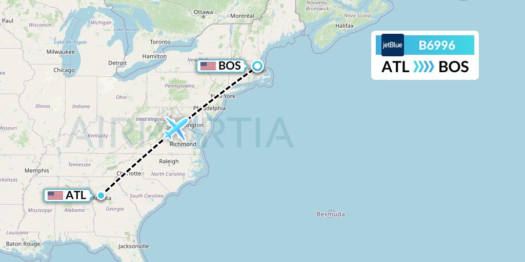 B6996 JetBlue Airways Flight Map: Atlanta to Boston