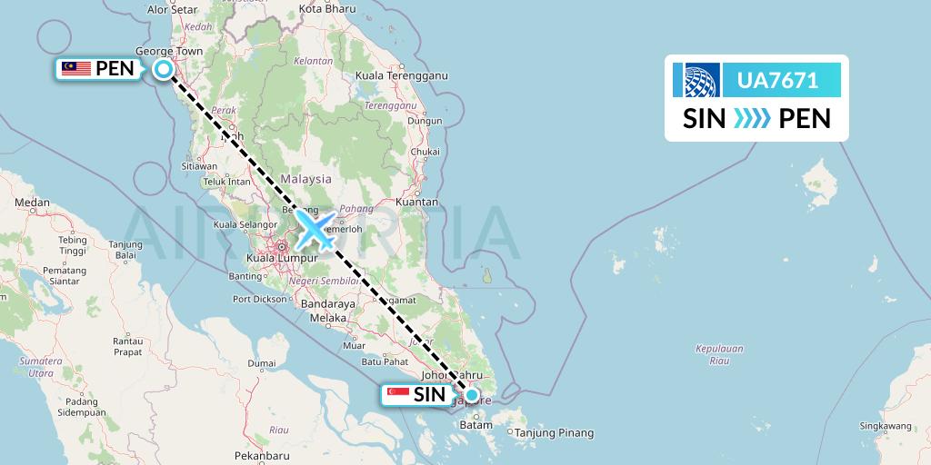 UA7671 United Airlines Flight Map: Singapore to Penang
